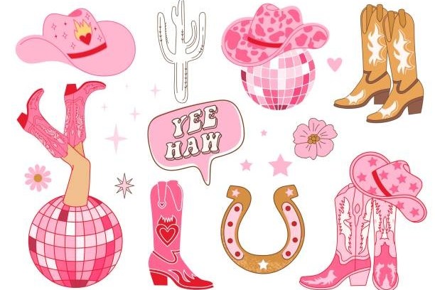 Colorful cowgirl-themed illustrations with hats, boots, cacti, and disco balls.